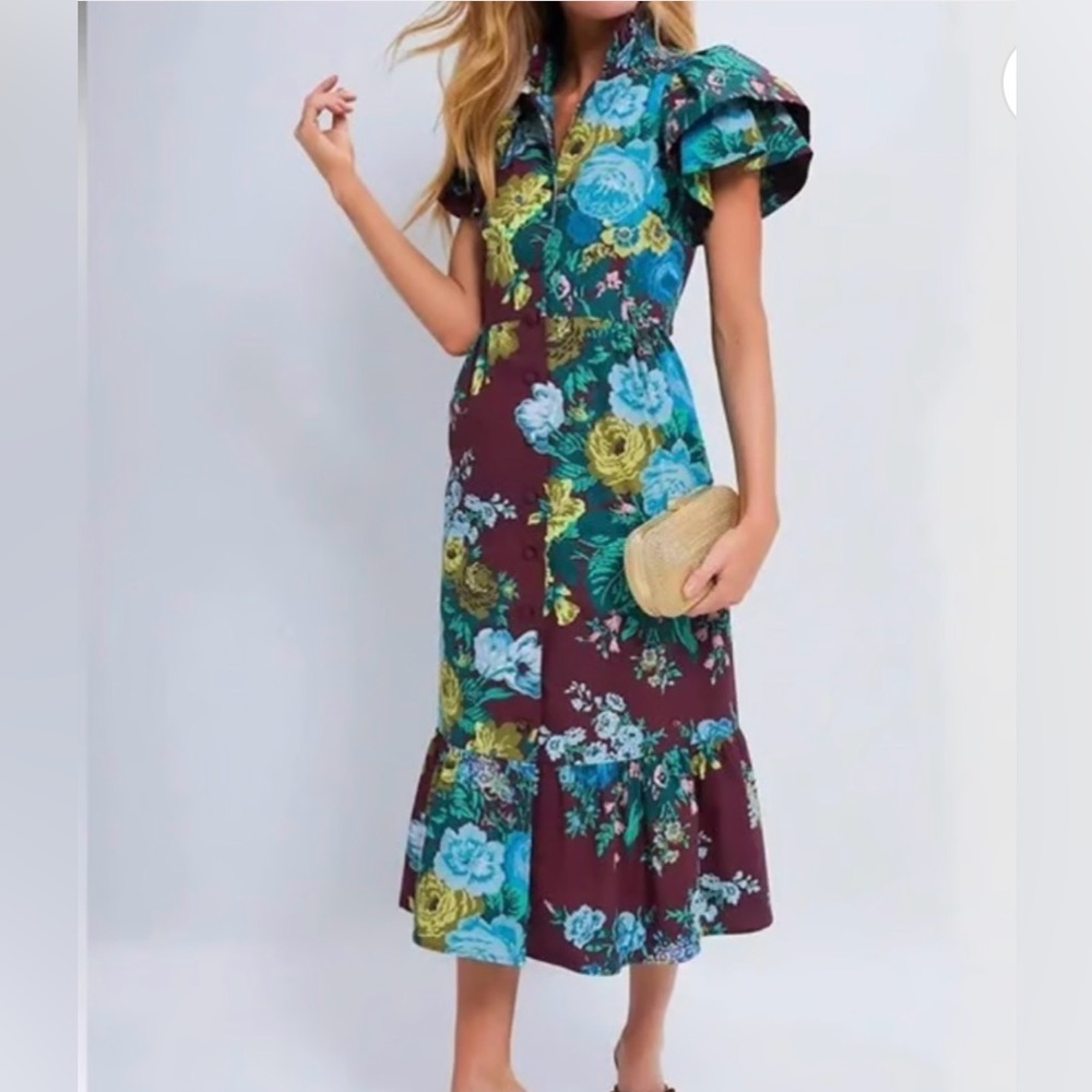 NWT Tuckernuck Alice Midi Dress M Merlot Oxblood Verdant Floral Print Cotton - Picture 3 of 7